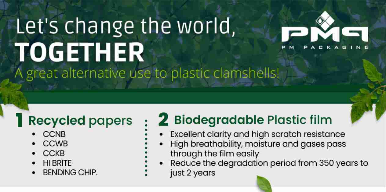 Let’s change the world—together. Discover PM Packaging’s paperboard alternative to plastic clamshells: recycled papers (CCNB, CCWB, CCKB, Hi Brite, Bending Chip), biodegradable film, collapsible ship-efficient design (608 paperboard boxes vs 200 plastic per shipper), FSC/SFI-certified papers, and soy-based inks.