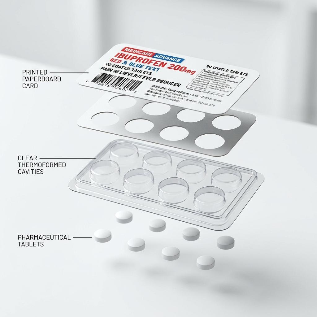 Breakdown of blister packaging components: plastic cavity and paperboard card