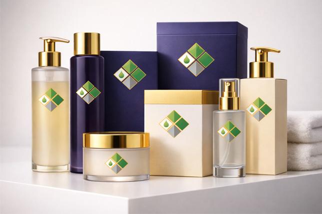 Assorted beauty products in premium packaging on a clean display surface