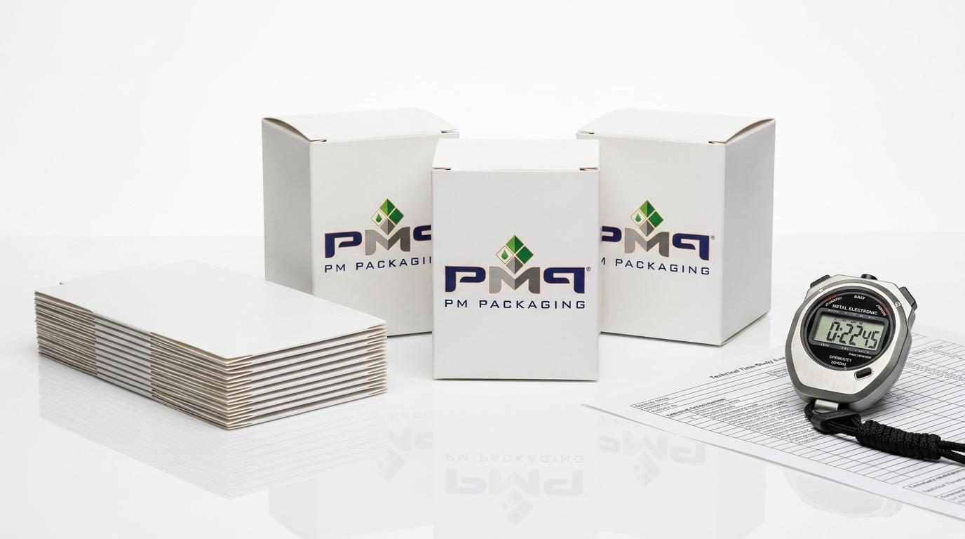 Packaging pack-out assembly line time study showing flat carton blanks, erected boxes and digital stopwatch by PM Packaging