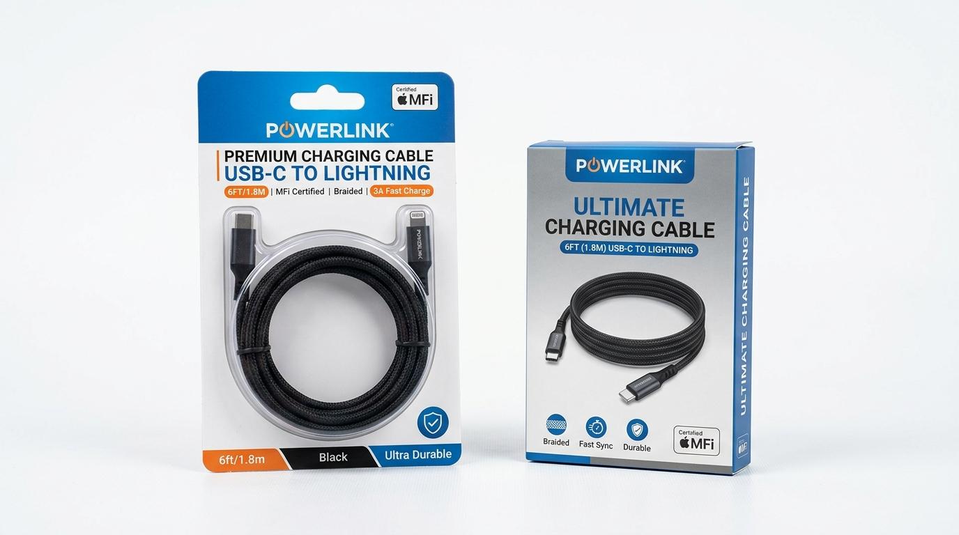 Comparison of a custom blister card and a folding carton for retail charging cables