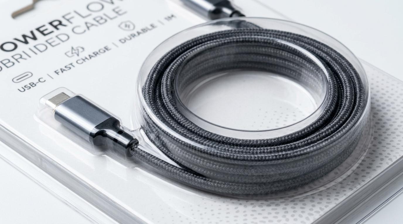 Macro view of a clear thermoformed blister cavity with circular cable winding racetrack and connector retention pocket