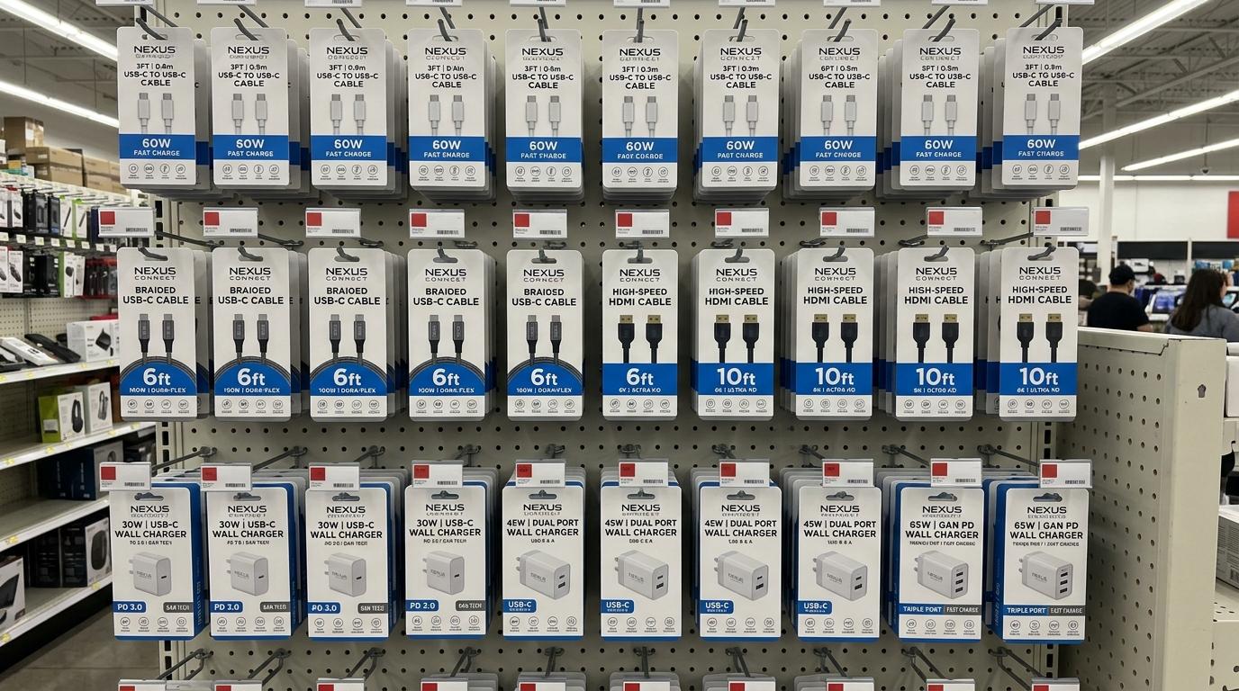 Retail pegboard display showing standardized blister card packaging across multiple cable lengths, wattages, and adapter SKUs
