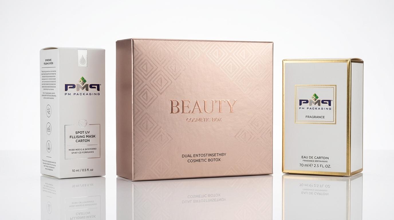 Luxury beauty packaging suite demonstrating spot UV skincare carton, gold foil perfume box, and dual-finish cosmetic set