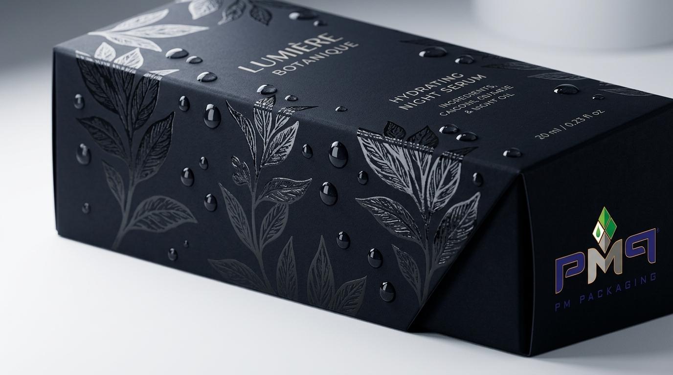 Macro detail of high gloss spot UV botanical pattern and water droplets over velvety soft-touch black folding carton