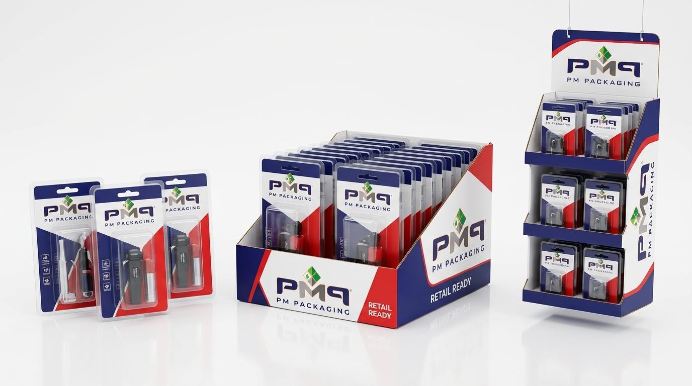 Integrated retail merchandising display suite showing branded blister cards, counter PDQ tray and sidekick power wing by PM Packaging