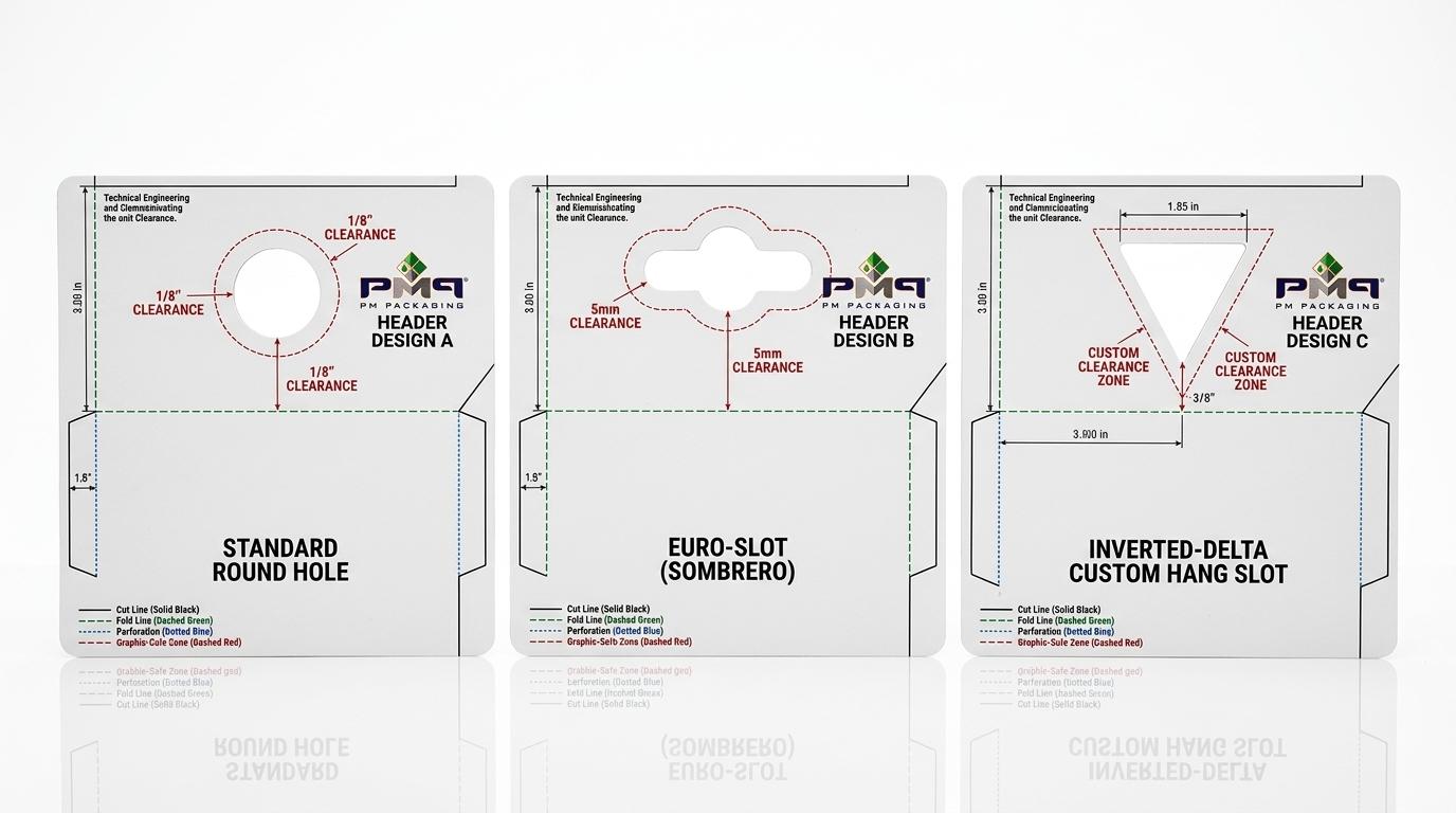 Precision packaging engineering dieline comparison of Round Hole, Euro-Slot, and Inverted-Delta hang features with graphic safe boundaries