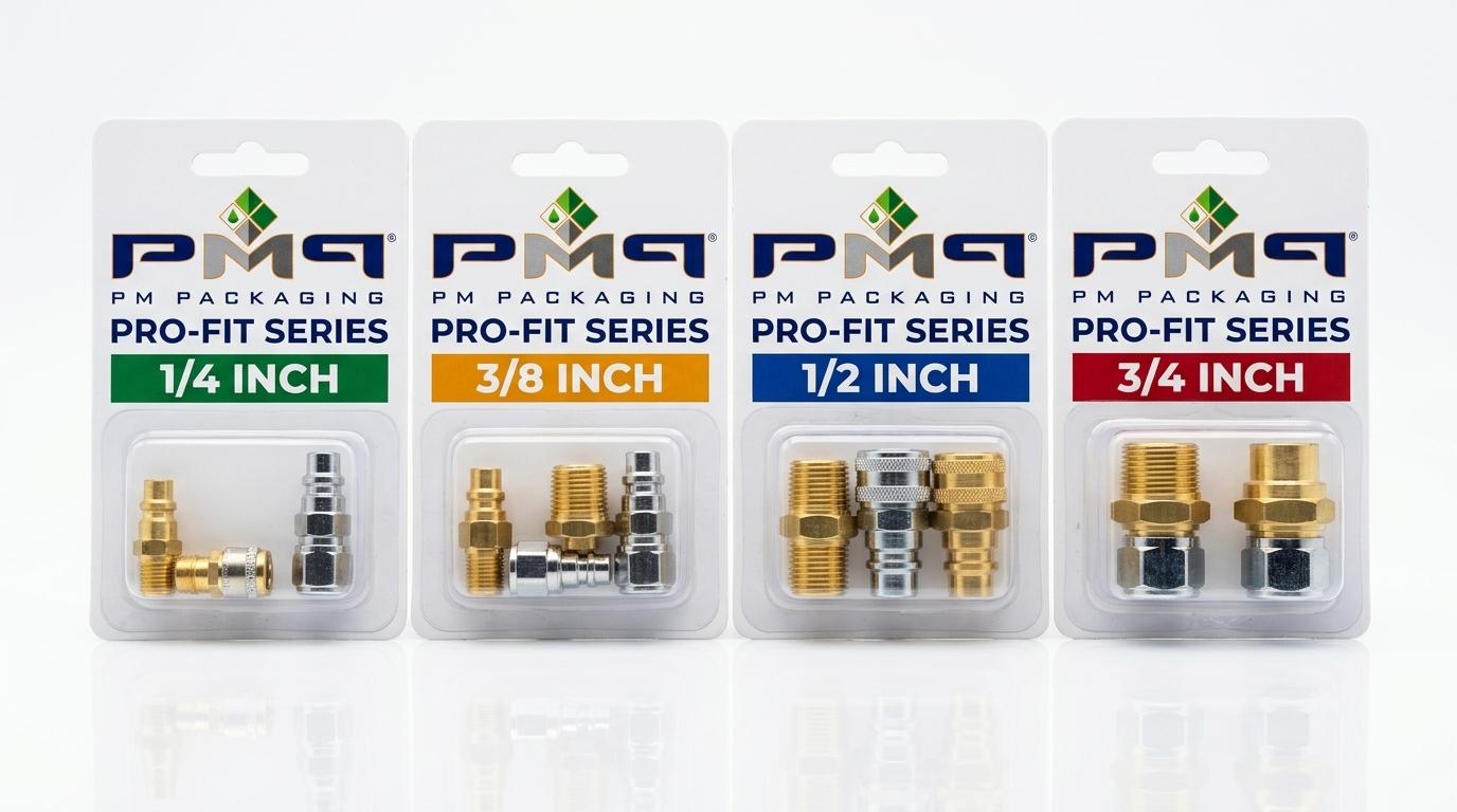 Commercial studio flat-lay of 4 adjacent blister cards showing unified brand banners and distinct high-contrast variant badges