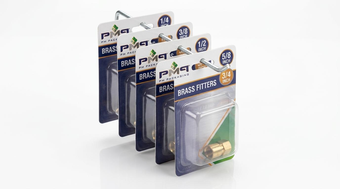 Perspective commercial studio view of 5 blister cards hanging nested on a single retail peg hook showing visible header exposure