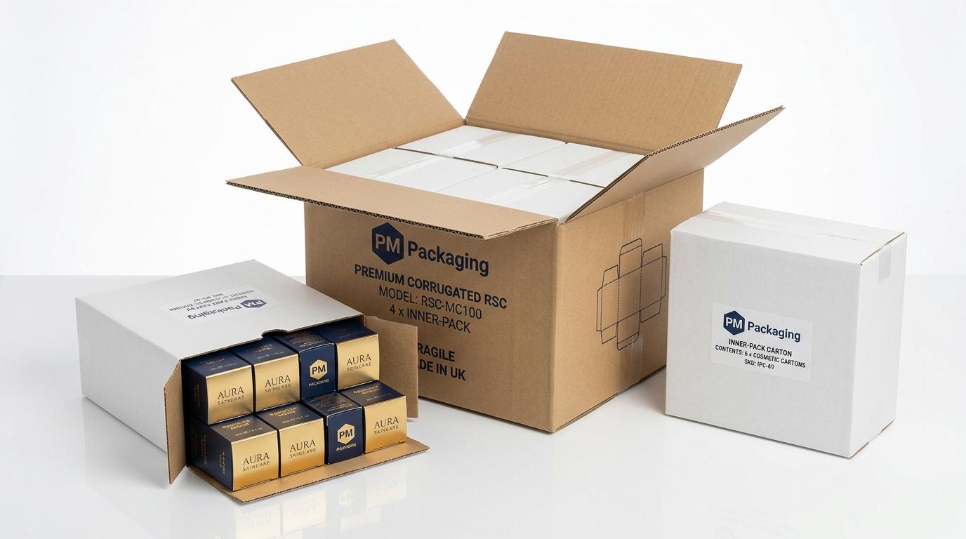 Packaging hierarchy showing master shipping carton, paperboard inner-pack cartons, and primary retail folding cartons