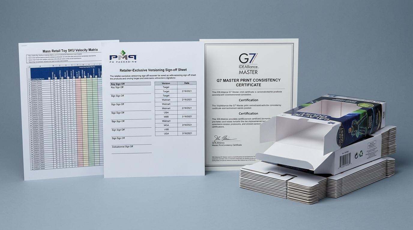 Mass retail toy SKU velocity matrix, retailer-exclusive versioning sign-off sheet, and G7 Master print consistency certificate with PM Packaging logo