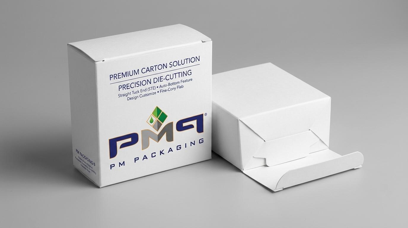 High-volume custom paperboard folding cartons with PM Packaging logo