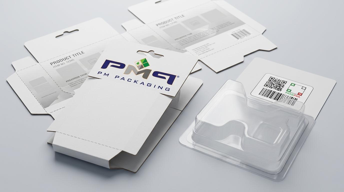 Custom paperboard blister card dielines, barcode verification target zones, and thermoformed blister shells with PM Packaging logo