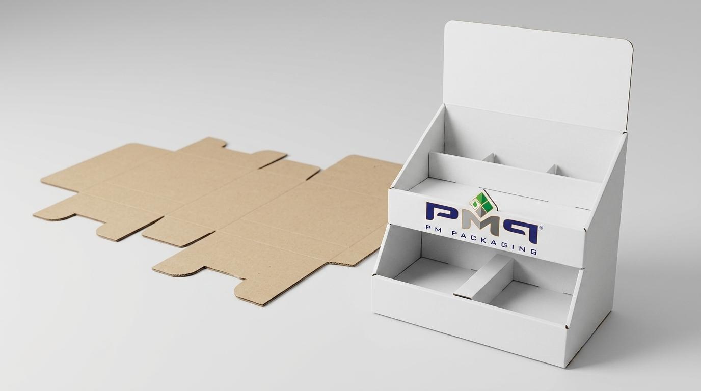 Compact counter display dieline blank alongside an erected POS impulse counter display with PM Packaging logo