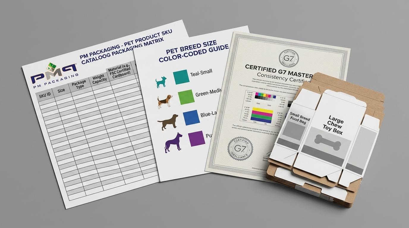Pet product SKU catalog packaging matrix, color-coded breed size guide sheet, and G7 Master print consistency certificate with PM Packaging logo