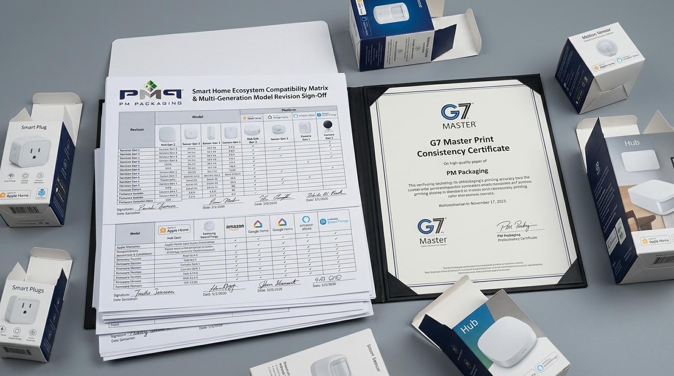 Smart home ecosystem compatibility matrix, multi-generation model and revision sign-off sheet, and G7 Master print consistency certificate with PM Packaging logo