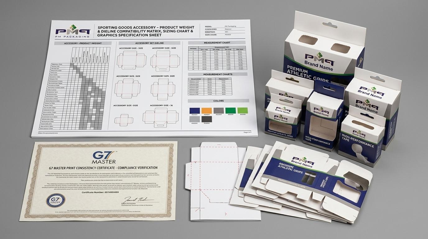 Sporting goods accessory product weight and dieline compatibility matrix, sizing chart graphics specification sheet, and G7 Master print consistency certificate with PM Packaging logo