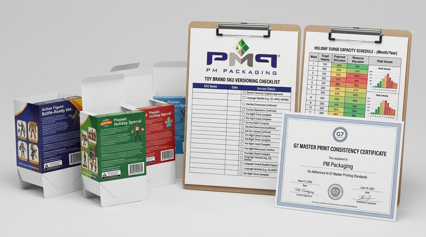 Toy brand character SKU versioning checklist, holiday surge capacity schedule, and G7 Master print consistency certificate with PM Packaging logo