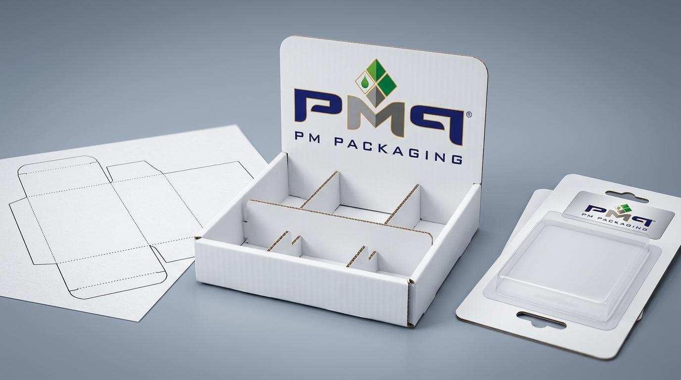 Custom paperboard folding carton dielines, SFL floor display structural trays, and blister card samples with PM Packaging logo