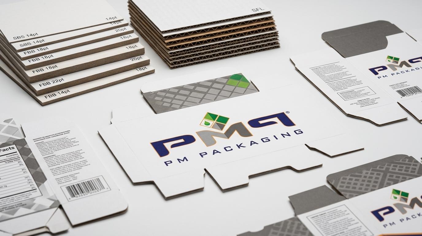 Paperboard caliper samples, SFL corrugated flute layers, and printed folding carton blanks with PM Packaging logo