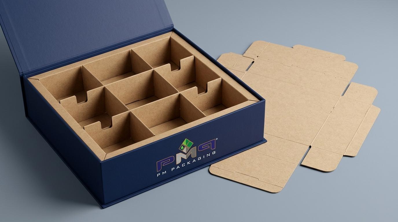 Modular paperboard insert system fitted into a luxury folding carton and SFL structural blank with PM Packaging logo