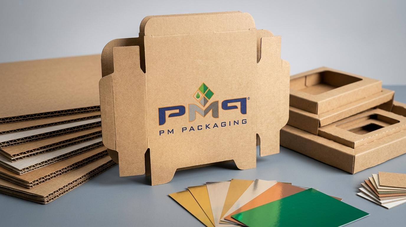 Custom paperboard dielines, SFL flute layers, modular paperboard insert platforms, and foil finish samples with PM Packaging logo