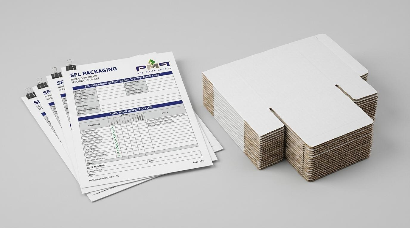 SFL packaging repeat-order specification sheet and tool wear inspection log alongside stacked fluted SFL carton blanks with PM Packaging logo