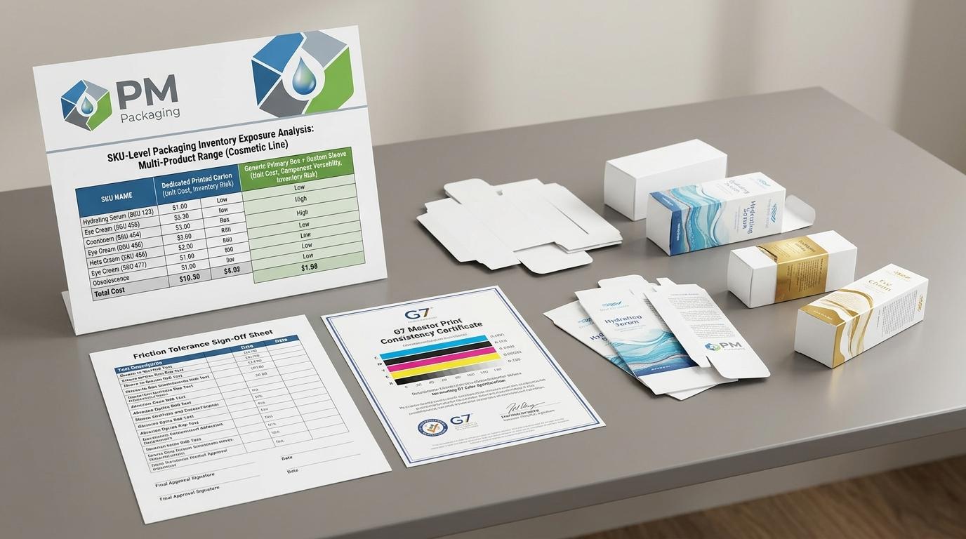 Multi-SKU packaging inventory exposure analysis comparing dedicated printed cartons vs generic primary boxes with sleeves with PM Packaging logo