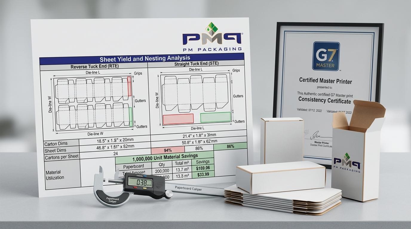 Folding carton sheet yield and nesting analysis comparing Reverse Tuck End vs Straight Tuck End with PM Packaging logo