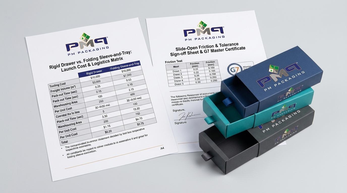 Rigid drawer vs. folding sleeve-and-tray launch cost and logistics matrix, slide-open friction sign-off sheet with PM Packaging logo