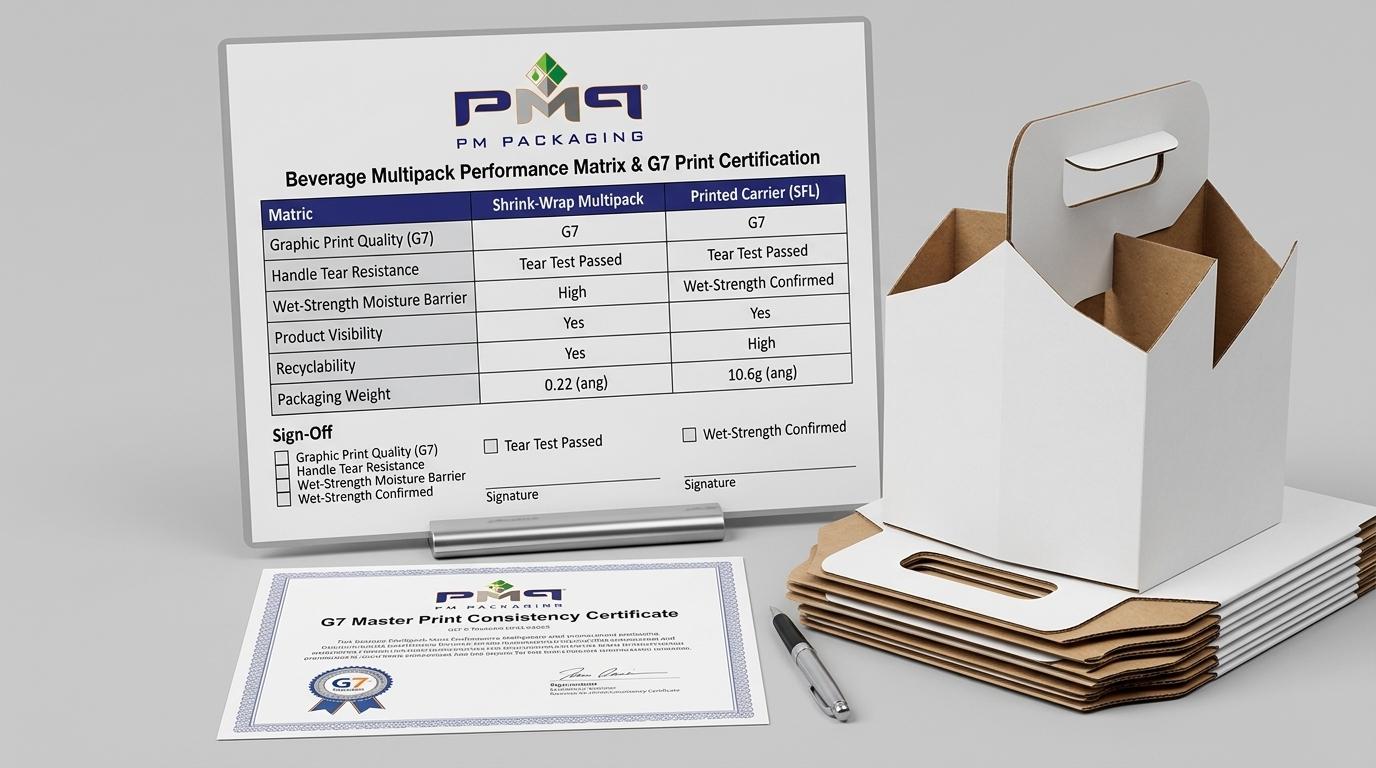 Beverage multipack performance matrix and G7 print certification sheet alongside folded SFL beverage multipack carriers with PM Packaging logo