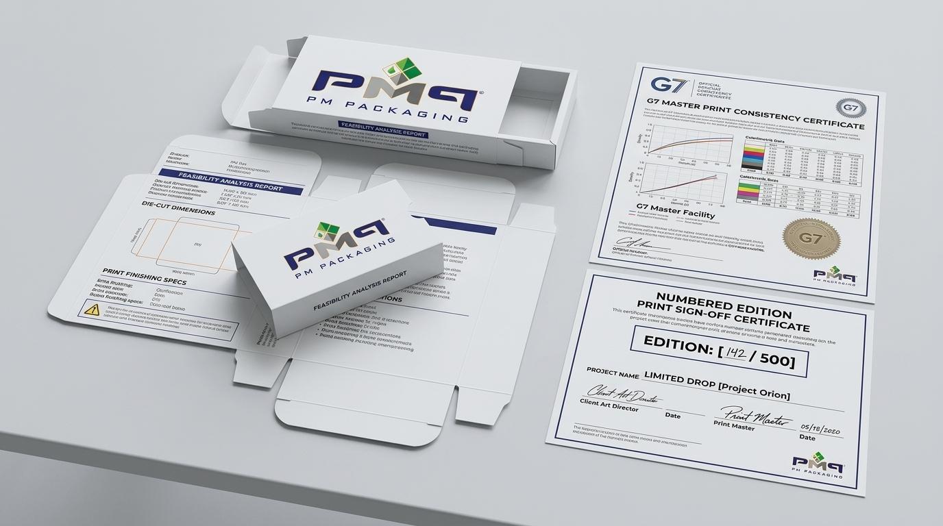 Limited-edition product drop packaging feasibility analysis and numbered edition sign-off with PM Packaging logo