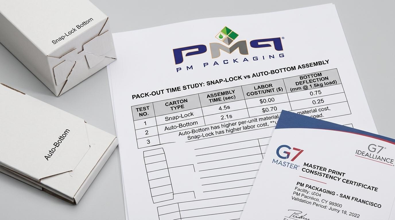 Manual co-packing pack-out time study sheet comparing Snap-Lock Bottom vs Auto-Bottom assembly labor costs with PM Packaging logo