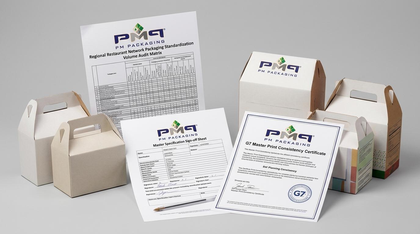 Regional restaurant network packaging standardization volume audit matrix, master specification sign-off sheet with PM Packaging logo