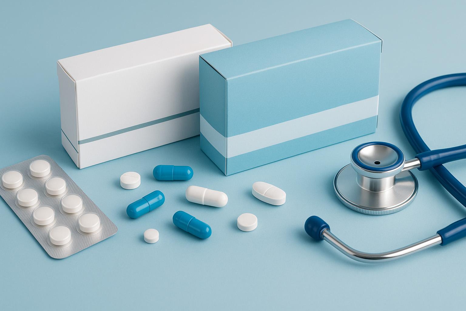 Healthcare packaging and compliant direct mail materials on a clinical-blue surface