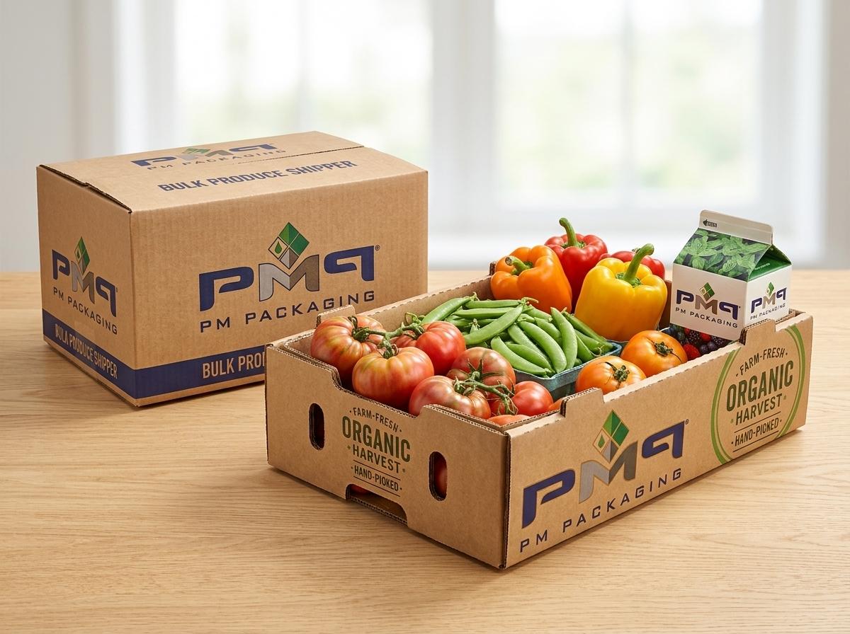 Custom corrugated produce tray designed for retail-ready distribution by PM Packaging