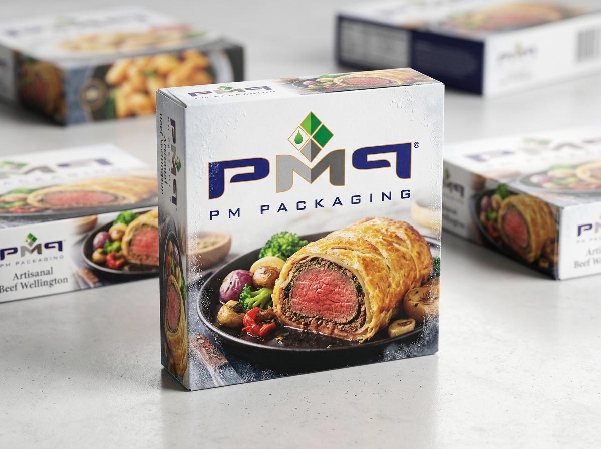 Upright custom printed frozen food carton with PM Packaging logo