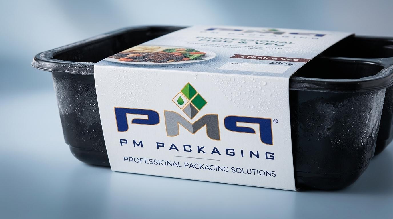 Custom printed frozen meal sleeve with PM Packaging logo