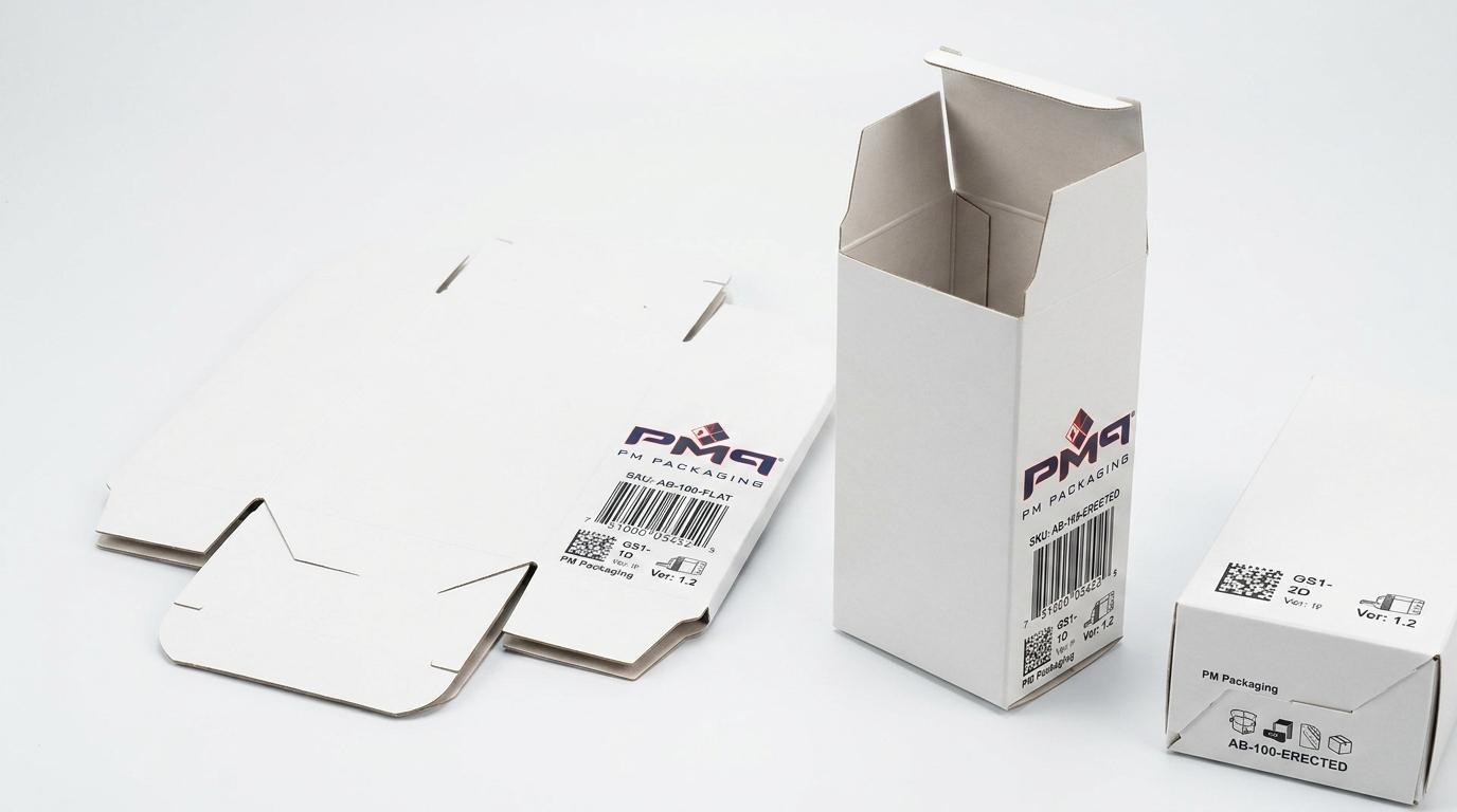 Auto-bottom folding cartons engineered for pack-out line speed showing flat stack and erected cartons with SKU barcodes