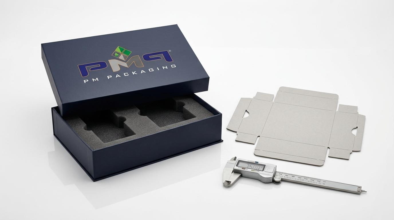 Rigid presentation box with custom foam insert beside CAD structural sample blank and precision caliper