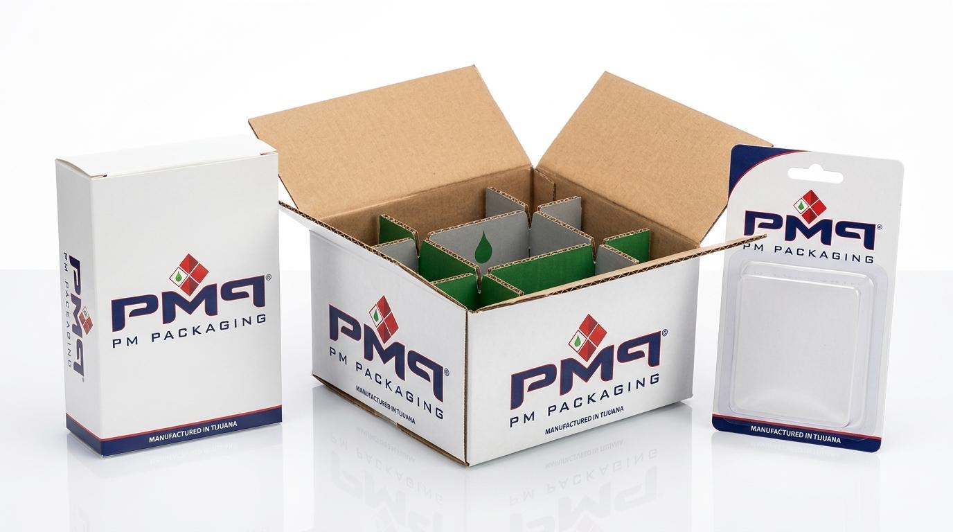 Packaging formats manufactured in Tijuana including folding cartons, SFL boxes with partition inserts, and blister cards