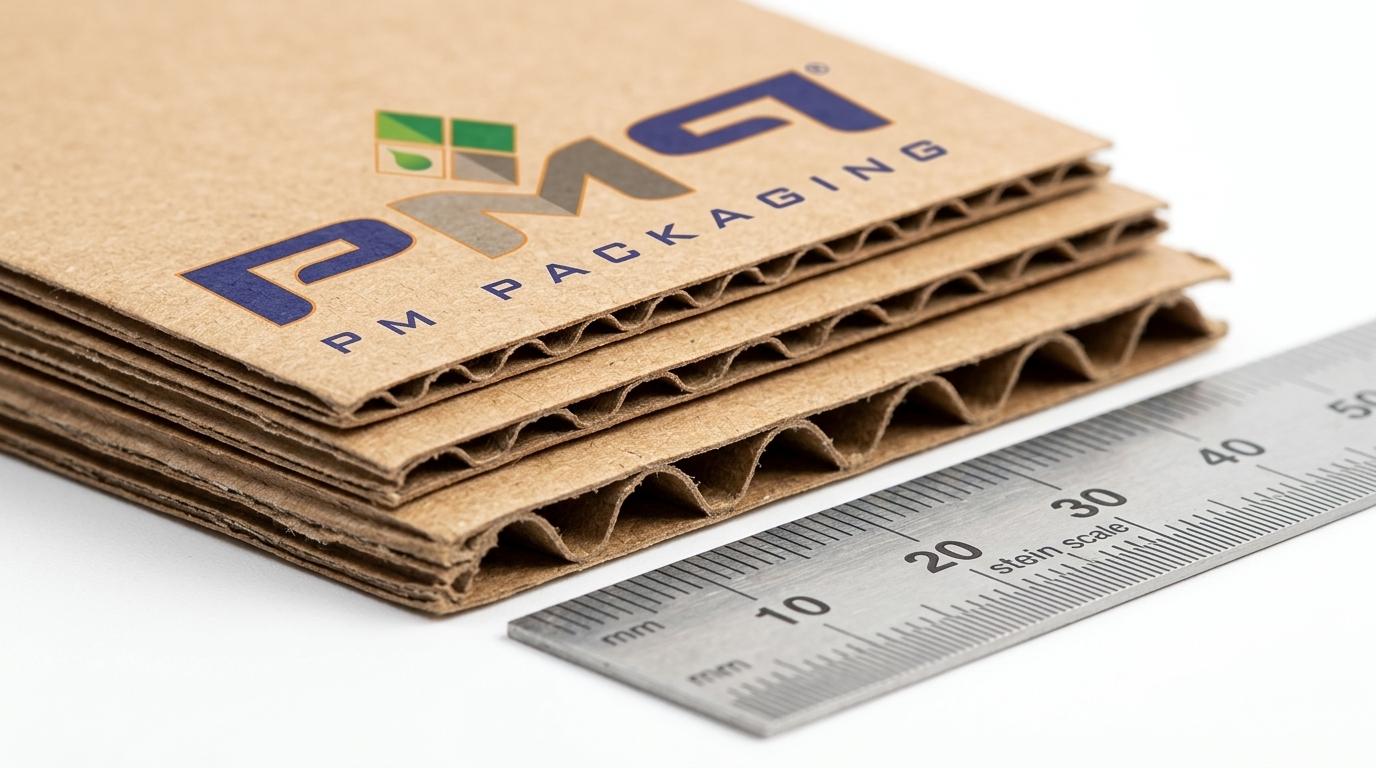 Macro close-up comparing cross-sectional edge profiles of F-flute, E-flute, and B-flute corrugated boards beside a metric scale