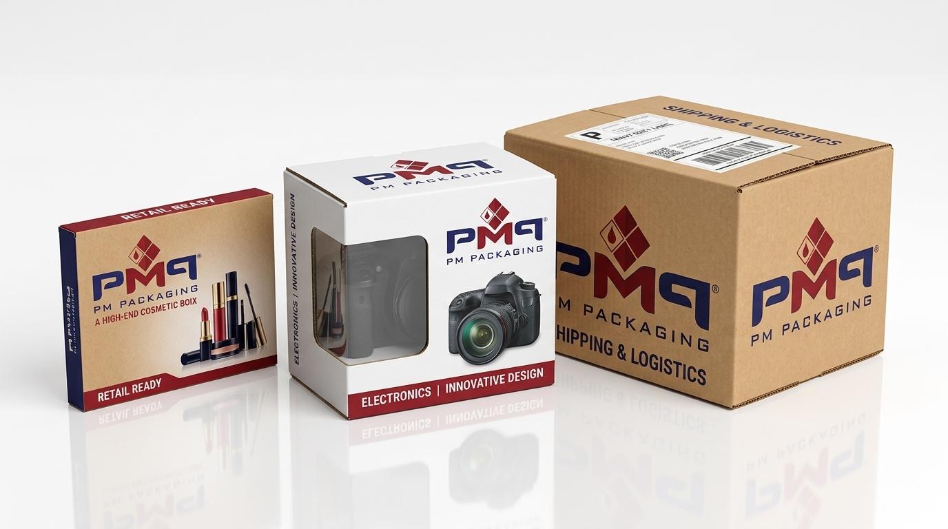 Suite of finished custom branded SFL boxes showing compact F-flute retail carton, mid-sized E-flute box with window, and heavy-duty B-flute shipper