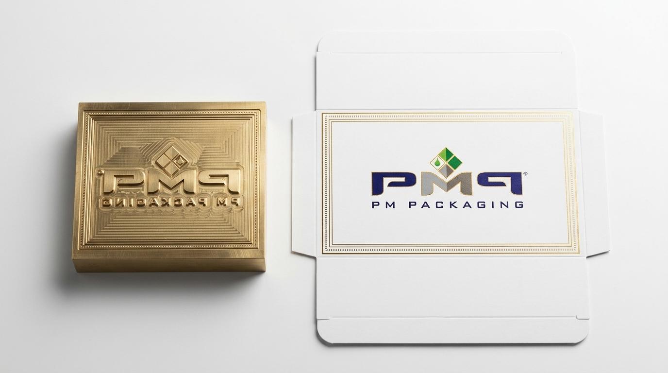 CNC engraved brass hot foil stamping die alongside luxury folding carton blank with gold foil logo