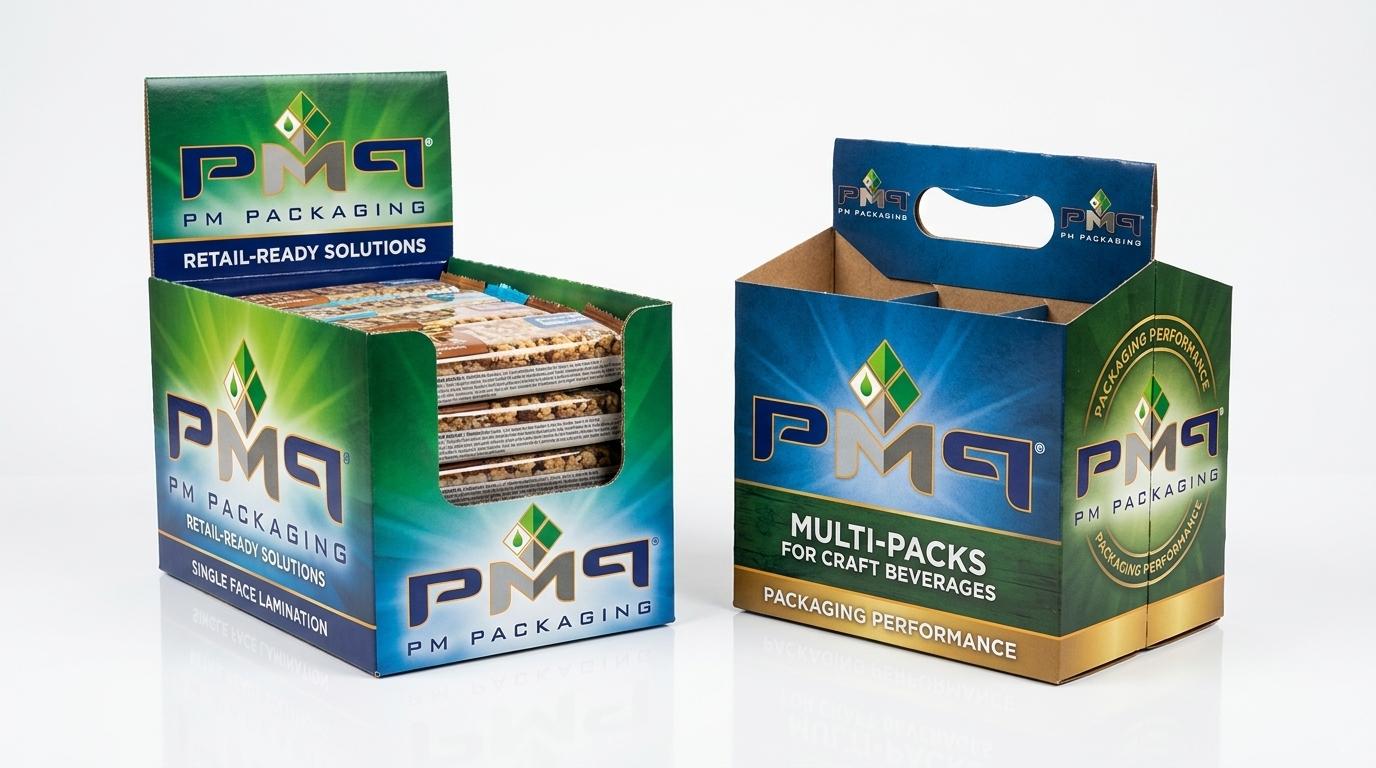 Commercial studio product photography of an SFL retail-ready display tray and SFL beverage carrier box featuring PM Packaging branding