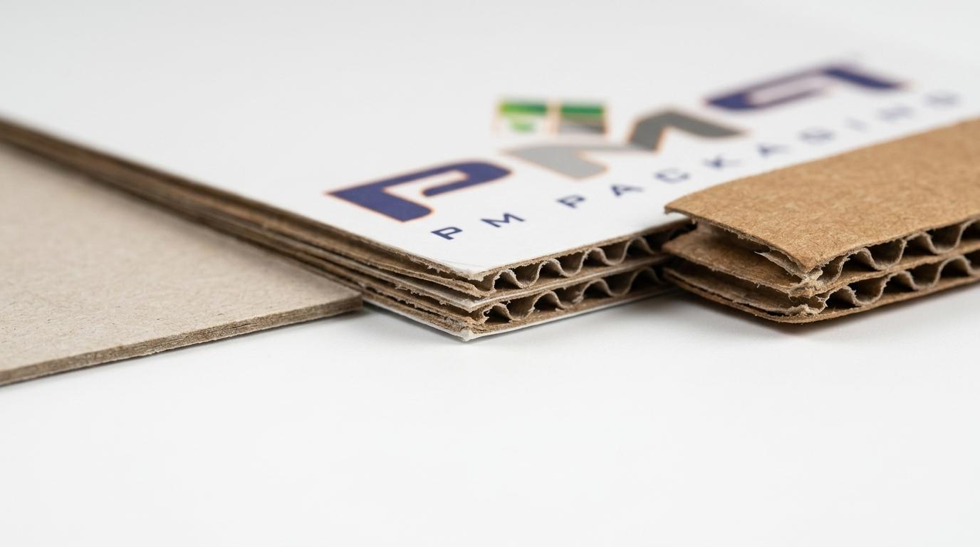 Macro commercial studio photography showing the material cross-section edges of solid paperboard, SFL microflute, and traditional corrugated board
