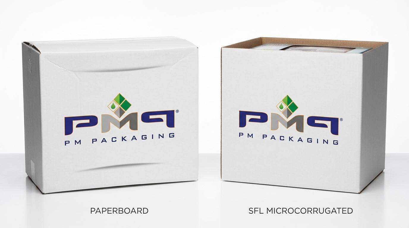 Commercial studio product photography comparing structural panel rigidity between a large folding carton showing deflection and an SFL microcorrugated box with flat sidewalls