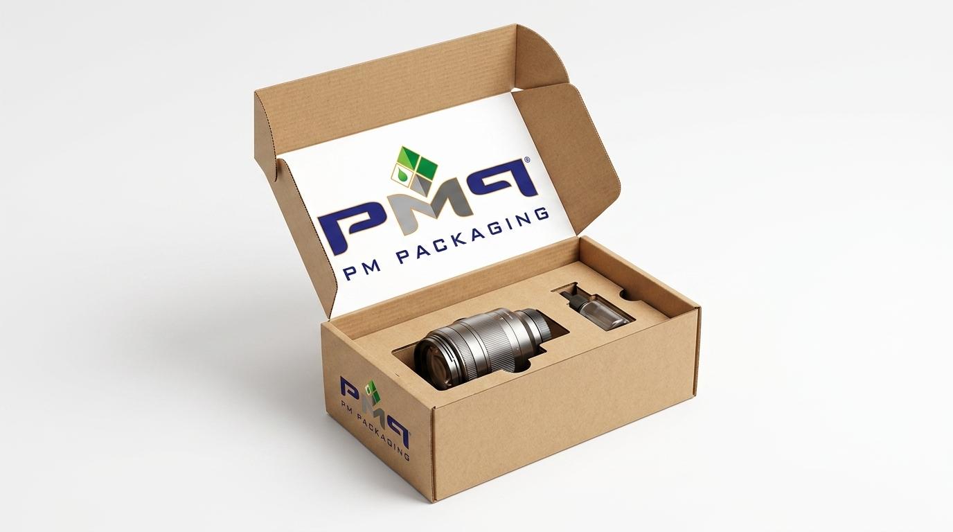 Commercial studio product photography of an open SFL roll-end tuck-top mailer box with full interior and exterior offset graphics and die-cut product insert