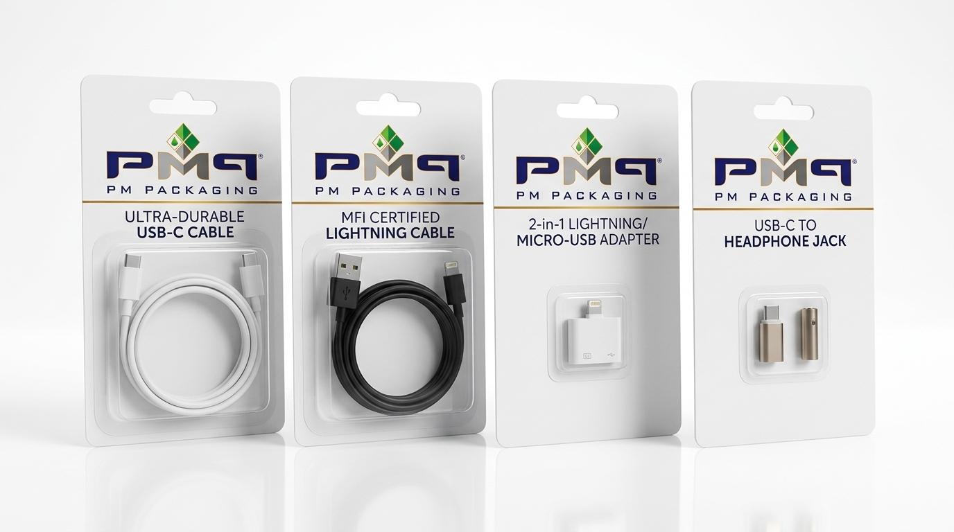 Multi-SKU family of retail blister cards sharing identical outer dimensions and unified branding