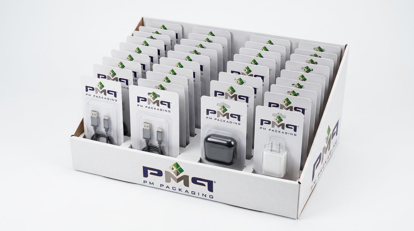 Custom printed PDQ counter display tray loaded with blister cards demonstrating facing density